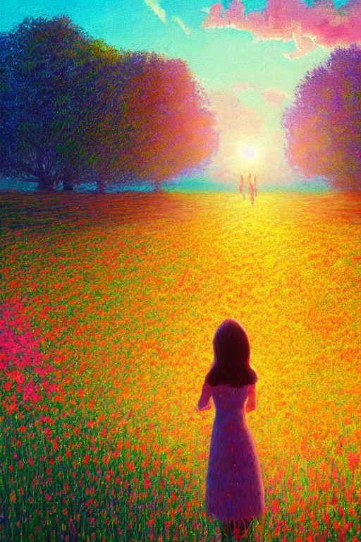 Image similar to flower growing out of girl body, standing in a flower field, big trees, sunrise dramatic light, impressionist painting, colorful clouds, digital painting, pointillism, artstation, simon stalenhag