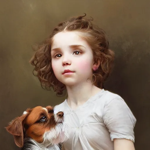 Prompt: a little girl with short wavy curly light brown hair with a wire haired jack russell terrier puppy, white with brown patches over both eyes. detailed, high quality painting by artgerm and greg rutkowski and alphonse mucha