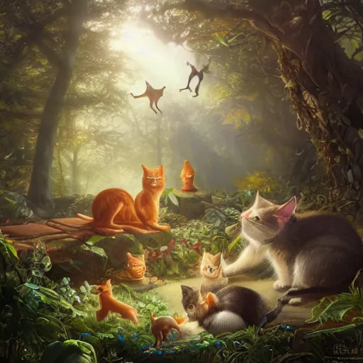 Image similar to a fairytale forest full of cats, light and shadow, by Gil Elvgren and artgerm, WLOP, Felix Kelly and Greg Rutkowski and Gerardo Dottori, high detail, precision detail