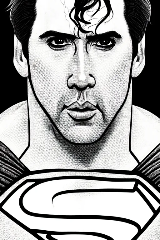 Prompt: portrait of nicolas cage as superman looking away from the camera, intricate, hyperrealistic, drawn as a manga character, artstation