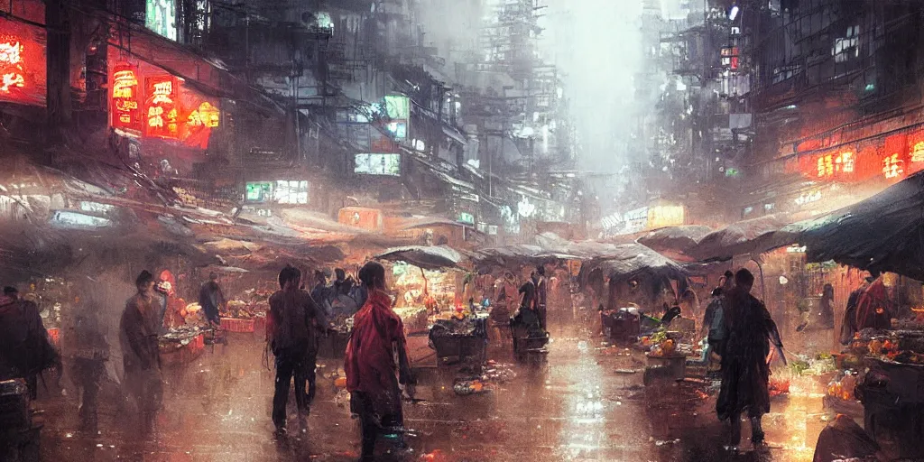 Image similar to an asian wet market at night, by greg rutkowski