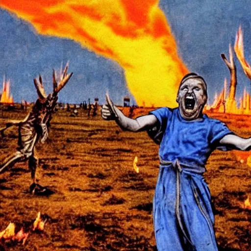 Image similar to selfie of a ukrainian screaming in pain and terrible injuries from a nuclear explosion, everything is on fire and radiation, in the background there are a lot of people like zombies, corpses and skeletons, a large nuclear explosion in the background, people are painted in yellow and blue, all dirty with severed limbs, doomsday