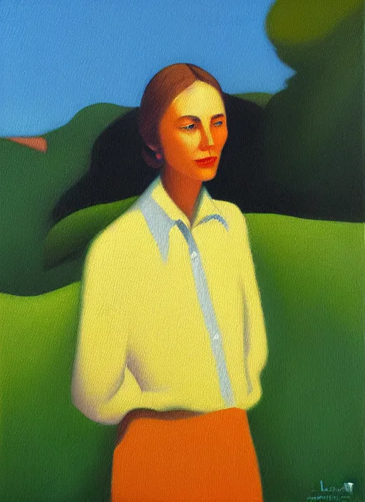 Image similar to an oil painting portrait of a woman outside by agnes lawrence pelton, balanced and aesthetically pleasing natural colors