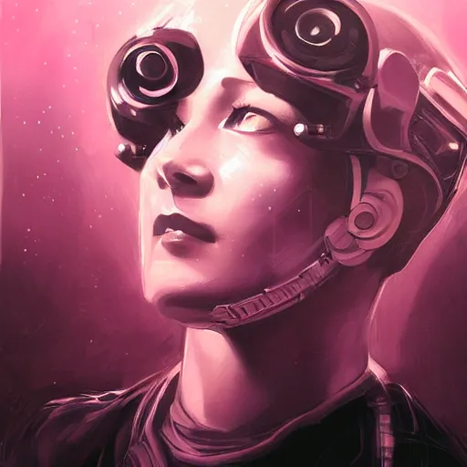 Prompt: portrait painting of a space mechanic, retrowave noir, in the style of frank cho, casey baugh and james jean, hyper realistic face, photorealistic face