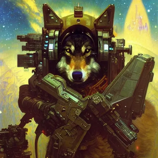 Image similar to portrait of a wolf in uniform as space lawyer. shadowrun furaffiniy cyberpunk fantasy highly detailed painting by gaston bussiere craig mullins jc leyendecker gustav klimt artgerm greg rutkowski john berkey, bergey, craig mullins, ruan jia, raymond swanland, jeremy mann, tom lovell, alex malveda