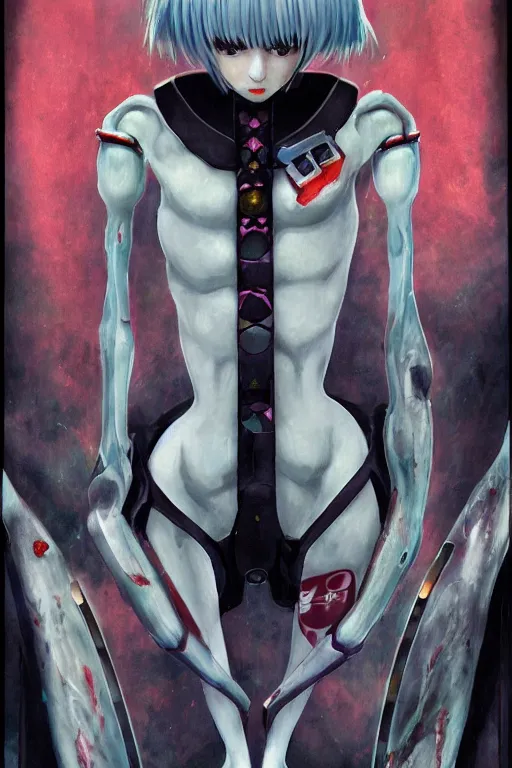 Image similar to rei ayanami, fantasy painting, grimdark, symmetry