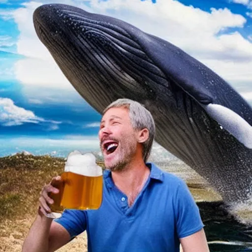 Image similar to A realistic photo of a happy man drinking a beer on the top of a flying whale