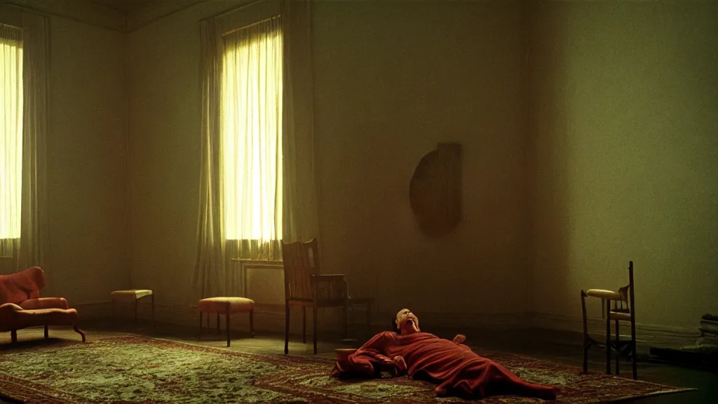 Image similar to the giant tongue waits in our living room, film still from the movie directed by Wes Anderson with art direction by Zdzisław Beksiński, wide lens