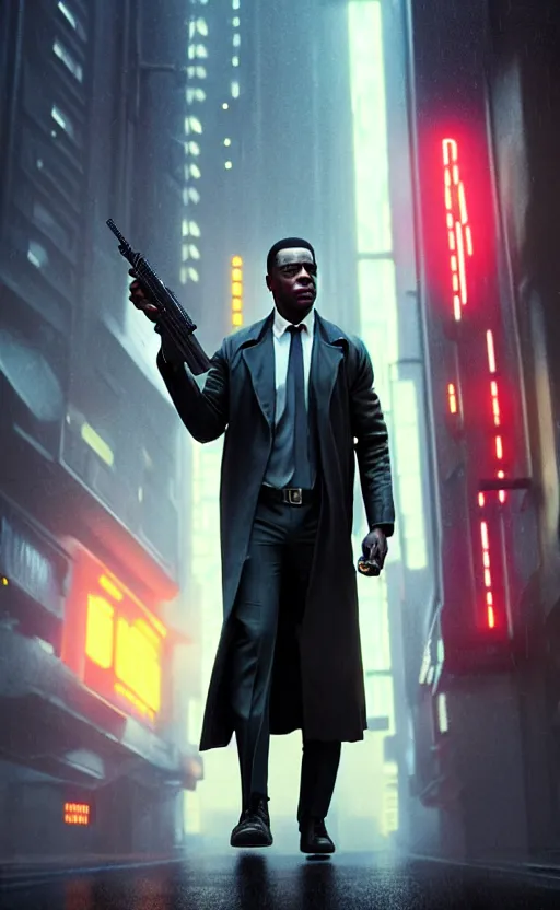 Prompt: hyper - realistic, digital matte painting of an attractive black male detective holding a blaster, wearing a suit and trench coat, blade runner city, cinematic lighting, 4 k textures, sharp focus, by greg rutkowski, by ilya kuvshinov, by eric - anthony johnson