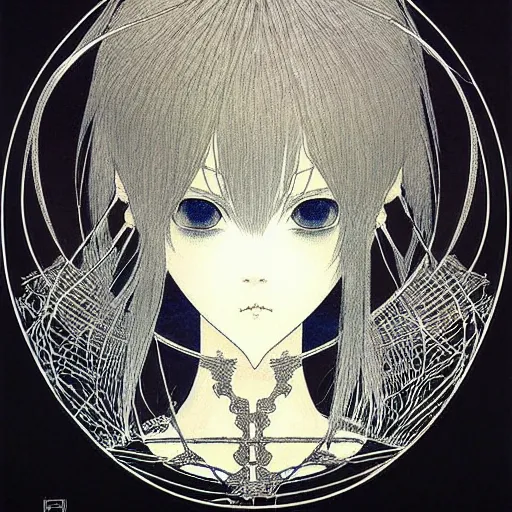 Image similar to prompt: Fragile looking vessel portrait soft light drawn by Takato Yamamoto, inspired by Fables, black ancient chrome knight armor, magical and alchemical weapons, soft light, white background, intricate detail, intricate oil painting detail, sharp high detail, manga and anime 2000