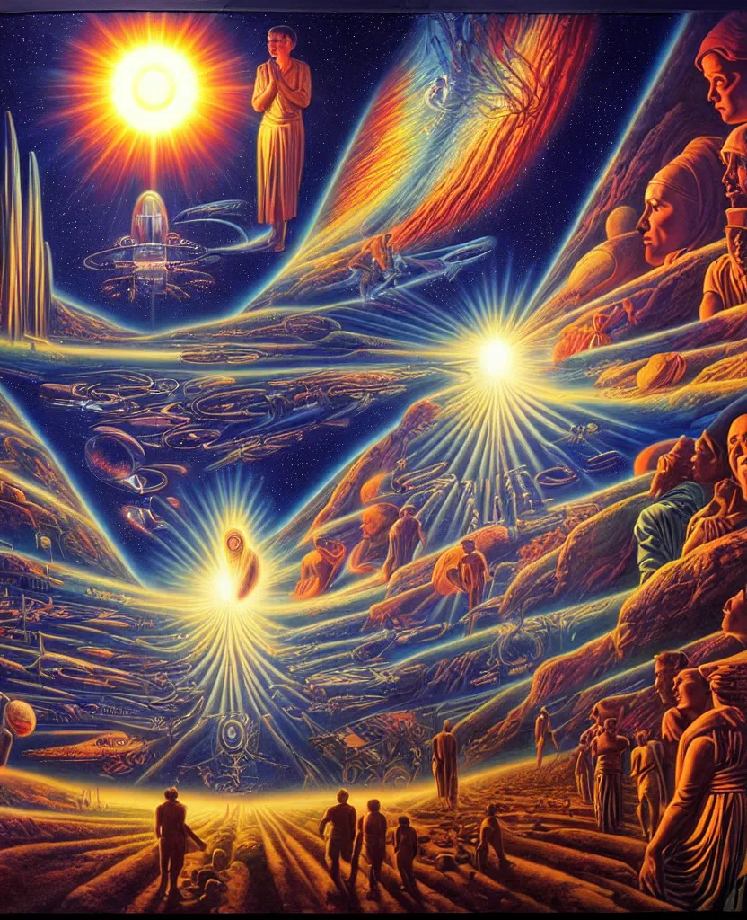 Image similar to a beautiful future for human evolution, spiritual science, divinity, utopian, by david a. hardy, wpa, public works mural, socialist