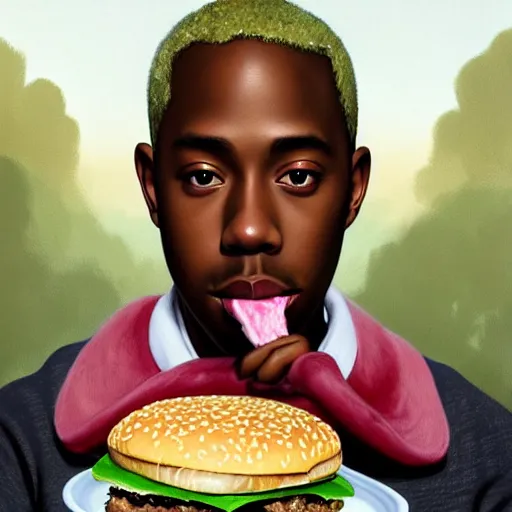 Image similar to portrait of tyler the creator eating hamburgers, extra onions and ketchup, luscious patty with sesame seeds, feminine ethereal, handsome, d & d, fantasy, intricate, elegant, highly detailed, digital painting, artstation, concept art, matte, sharp focus, illustration, art by artgerm and greg rutkowski and alphonse mucha