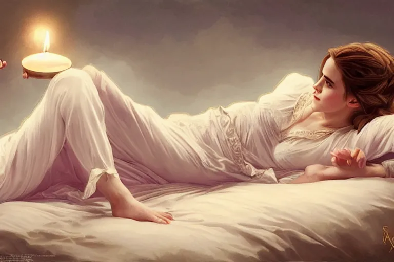 Prompt: Emma Watson lying on the bed in sleepwear, very beautiful, night time, candle light, intricate, elegant, highly detailed, digital painting, artstation, concept art, matte, sharp focus, illustration, hearthstone, art by Artgerm and Greg Rutkowski and Alphonse Mucha