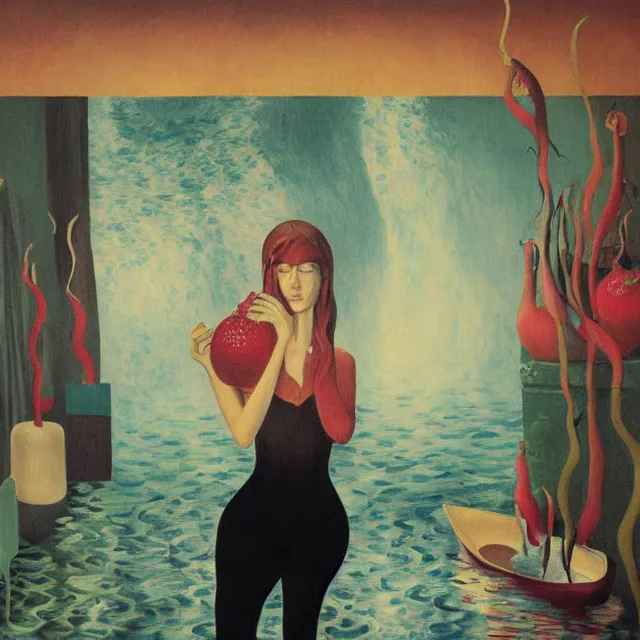 Image similar to tall female artist holding art supplies in her flooded kitchen, pomegranates, octopus, water gushing from ceiling, painting of flood waters inside an artist's apartment, a river flooding indoors, candles, ikebana, zen, rapids, waterfall, black swans, canoe, berries, acrylic on canvas, surrealist, by magritte and monet