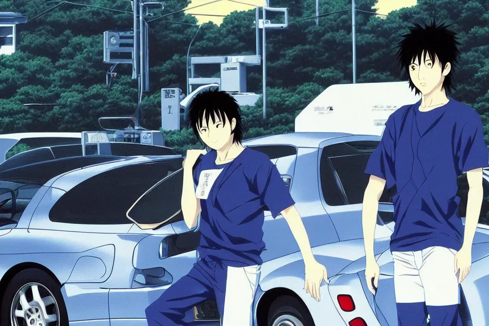 KREA - very serious ryosuke takahashi with black hair wearing a dark blue  shirt and white pants stands alone leaning on his white mazda rx 7 on an  empty gas station, late