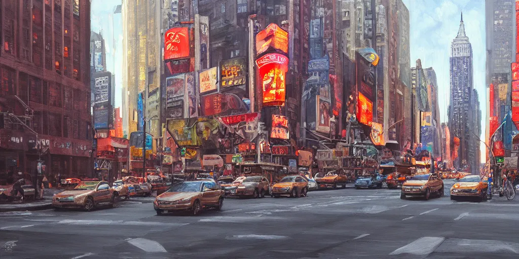 Prompt: New york city, street view, cinematic angle, studio Ghibli, cinematic lighting, detailed oil painting, hyperrealistic, 8k