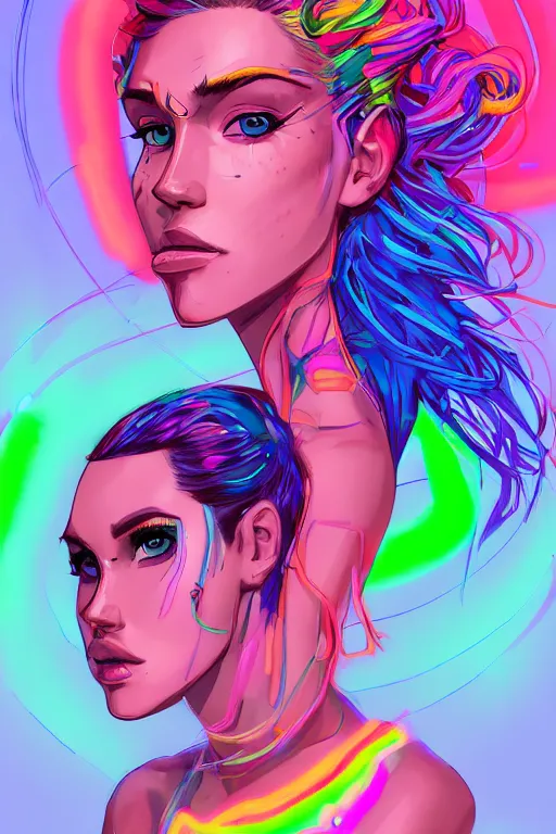 Image similar to a award winning portrait of a beautiful woman with stunning eyes in a one off shoulder crop top and cargo pants with rainbow colored hair, outlined by whirling illuminated neon lines and fine lines swirling in circles by greg tocchini, digital art, trending on artstation