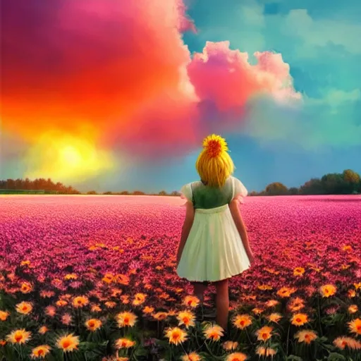 Image similar to full body daisy flower head girl standing in a flower field, her head is hidden behind the huge daisy flower,. surreal photography, sunrise, dramatic light, impressionist painting, colorful clouds, digital painting, artstation, simon stalenhag