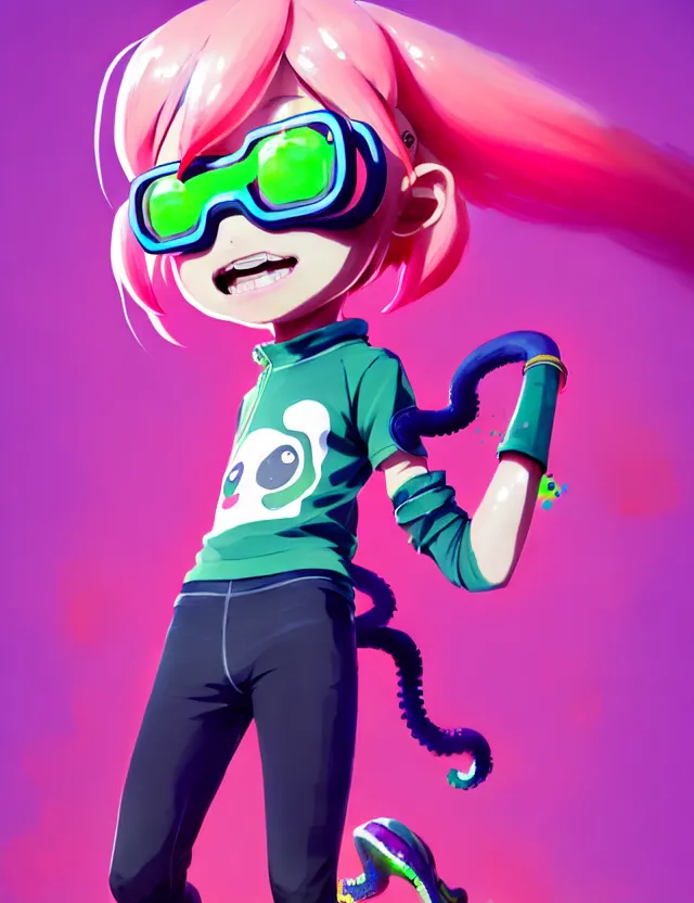 Image similar to a beautiful fullbody portrait of a cute splatoon anime boy with pink hair and green eyes wearing sports clothing leggings. character design by cory loftis, fenghua zhong, ryohei hase, ismail inceoglu and ruan jia. artstation, volumetric light, detailed, photorealistic, fantasy, rendered in octane