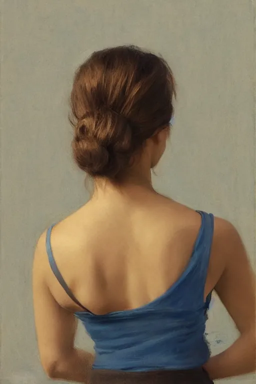 Prompt: girl with messy ponytail hairstyle, back view, blue camisole, shoulder tattoo, jeremy lipking, joseph todorovitch