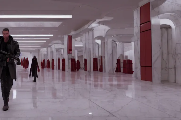 Prompt: Bank interior elegant bank fancy white marble flooring reflective. blade runner 2049 movie still. man wearing red leather jacket carrying duffle bag holding shotgun. 2017 movie still 35mm wide angle lens
