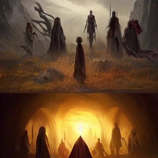 Image similar to children of light vs children of darkness, 4K matte painting, trending on ArtStation, award winning, in the style of Greg rutkowski, filipe pagliuso, tian zi, Charlie Bowater, wlop, fernanda Suarez, cgsociety, inspired by Lord of the rings, stormlight archive, arcane, riot games, dune