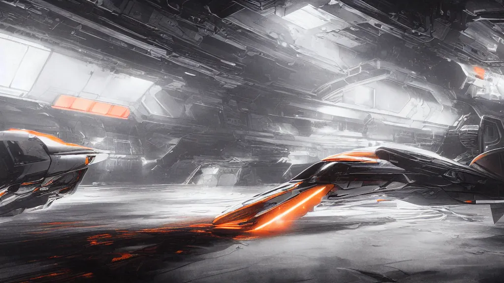 Prompt: a Photorealistic dramatic hyperrealistic render of an Interstellar spaceship inside a dark hangar space ,Ultra realistic details,glossy white metal,Orange racing stripes,weathered surfaces,by Hidetaka Tenjin,Yoh Yoshinori,Yoji Shinkawa,Masamune Shirow,Beautiful dramatic dark moody tones and lighting,cinematic atmosphere,studio lighting,shadows,dark background, Octane render,8K