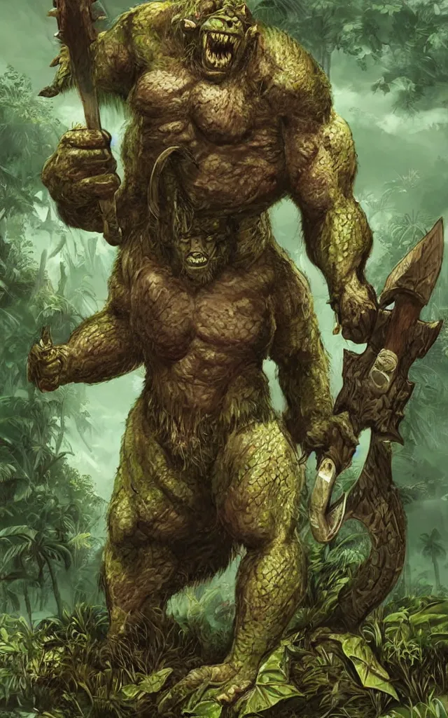 Prompt: giant orc - reptile beast holding an axe : : fantasy style : : jungle scenery