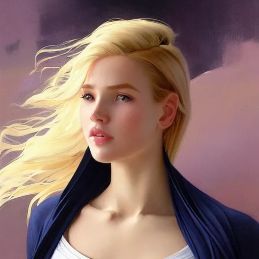 Image similar to a beautiful portrait of a beautiful cute young superhero girl, shoulder - length blonde hair, tight solid matte navy blue lycra bodysuit, white cape, buff, body, muscular, intricate, elegant, 8 k, highly detailed, digital painting, concept art, smooth, sharp focus, illustration, by artgerm greg rutkowski alphonse mucha loish wlop