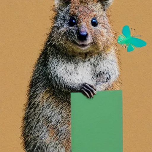 Prompt: detailed illustration, a portrait of a happy quokka on rotttnest island constructed from colored paper, collage, may gibbs, layered composition, layers, texture, textured, layered, sculpted, dynamic, 🦋,