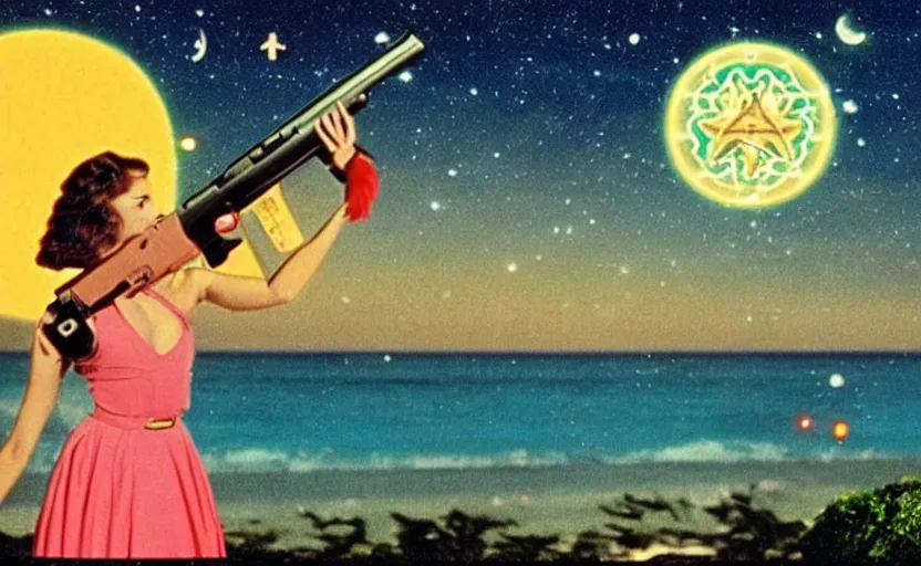 Image similar to 1 9 8 6 vintage movie screencap of a girl with a gun on a narco mansion, gucci clothes, night sky, beach and tropical vegetation on the background major arcana sky and occult symbols, 1 9 8 6 photo