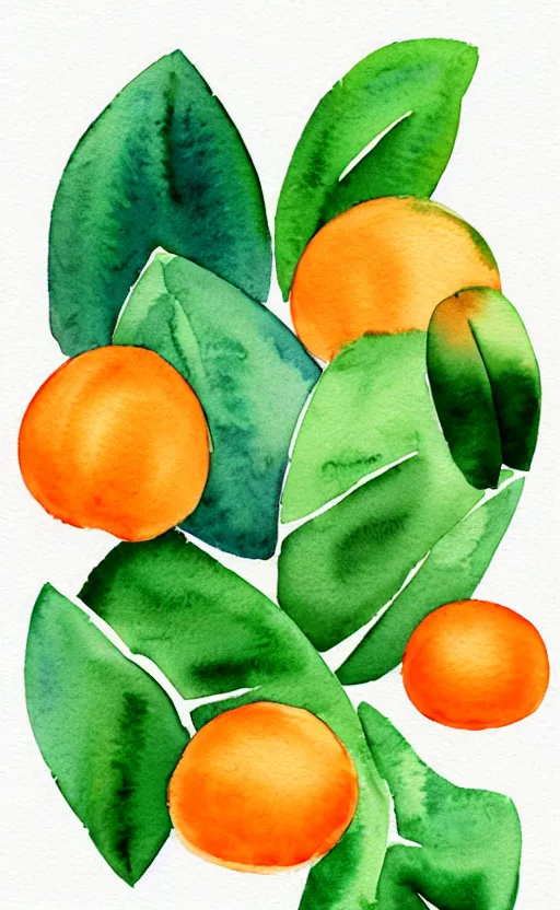 Image similar to minimalist watercolor art of oranges with green leaves