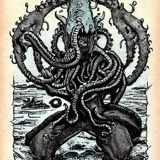 Prompt: A man riding Cthulu