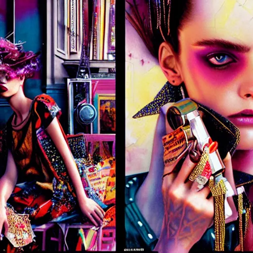 Prompt: fashion editorial campaign by drew struzan, highly detailed