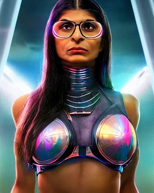 Image similar to Mia Khalifa as a cyborg, octane render, iridescent accents, kingdom come by Alex Ross