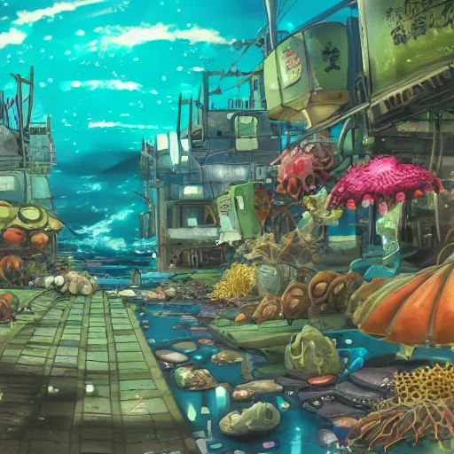 Image similar to painted anime background of undersea slums shopping district built from various sea shells and corals and falling to decay, seaweed, light diffraction, steampunk, cyberpunk, cool colors, caustics, anime, vhs distortion, hazard warning signs, sickly green color palette, barnacles, sea urchins, inspired by splatoon by nintendo, art created by miyazaki