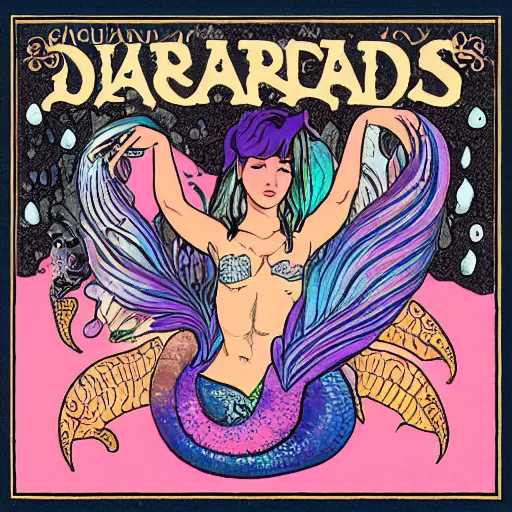 Prompt: arresting mermaids, album cover