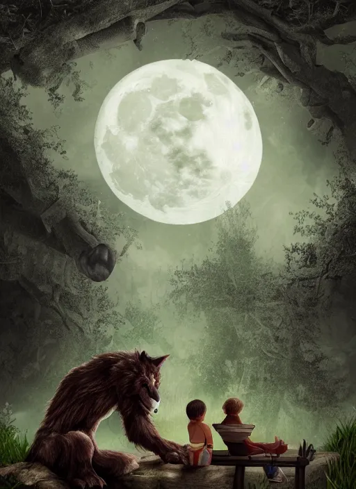 Prompt: a werewolf at night sitting next to a human child in front of full moon, fantasy art, matte painting, highly detailed
