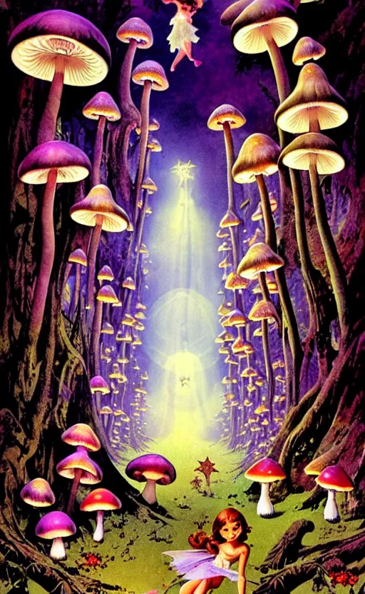 Prompt: stars in the sky fairies with detailed faces enchanted forest mushrooms on the ground psychedelic wide angle shot white background vector art illustration by frank frazetta