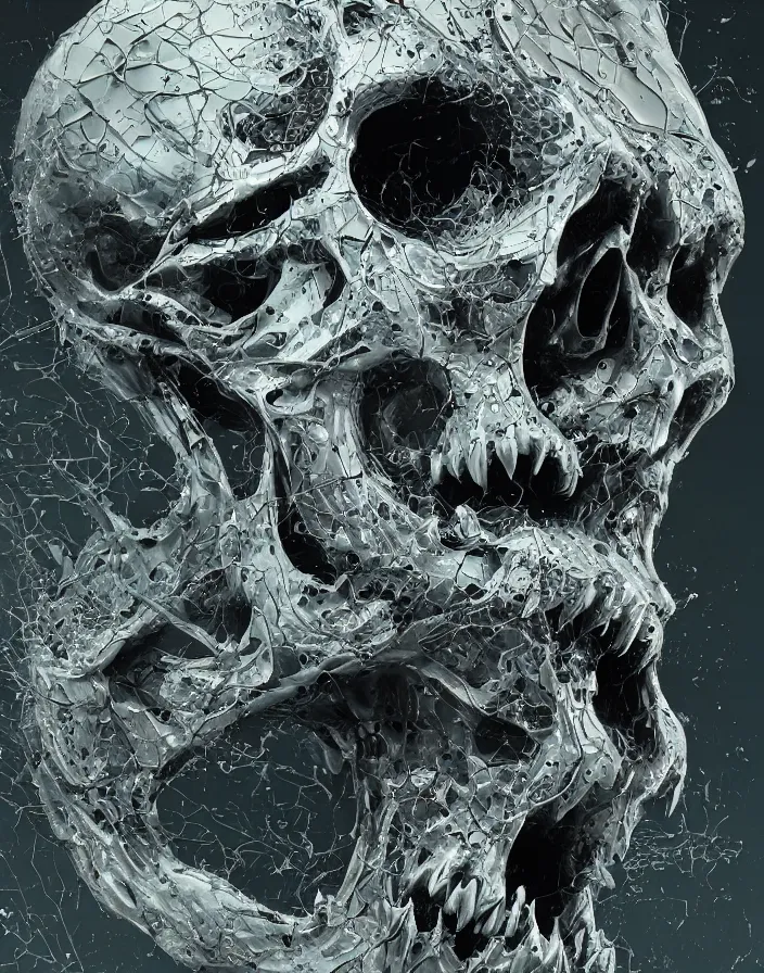 Image similar to portrait of a melting skull. intricate abstract. sharp teeth. delicate artwork. by Tooth Wu, wlop, beeple, dan mumford. octane render, trending on artstation, greg rutkowski very coherent symmetrical artwork. cinematic, hyper realism, high detail, octane render, 8k, depth of field, bokeh. chrome accents.