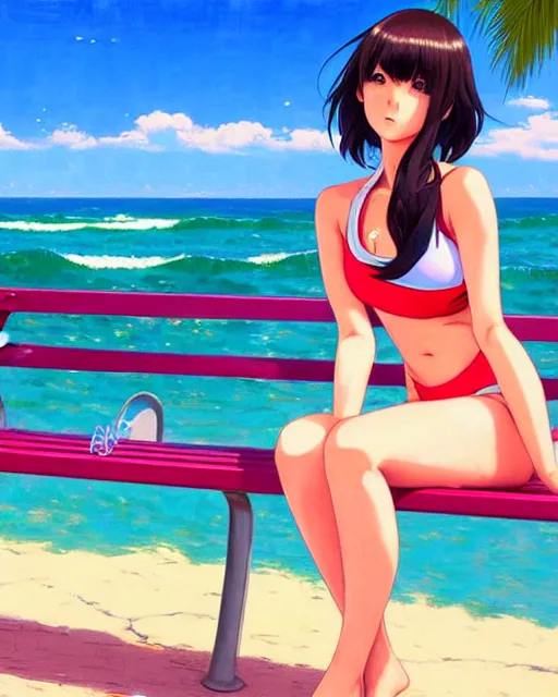 Prompt: girl in bikini sitting on the bench near the sea | very anime!!!, fine face, audrey plaza, realistic shaded perfect face, fine details. anime. strong realistic shaded lighting poster by ilya kuvshinov katsuhiro otomo ghost, magali villeneuve, artgerm, jeremy lipkin and michael garmash and rob rey
