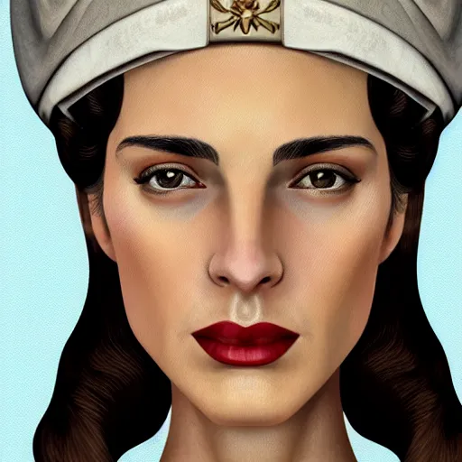 Image similar to A Crusader Kings II portrait of a Spanish young woman with high cheekbones. Good bone structure. Dressed in 1940s style. Highly detailed, fine Art, high detail, great lighting, 8k resolution, masterpiece, concept art, illustration, clear eyes, painting oil on canvas, octane render, HDR, trending on artstation, 4k, 8k, HD