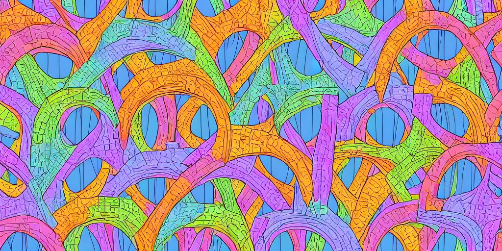 Image similar to seamless pattern of large colorful arches in escher style