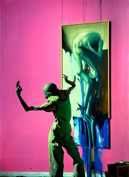 Image similar to an insane, skinny, artist wearing overalls, expressive painting the walls inside a grand messy studio, hauntingly surreal, highly detailed painting by francis bacon, edward hopper, adrian ghenie, gerhard richter, and james jean, soft light 4 k in pink, green and blue colour palette, cinematic composition