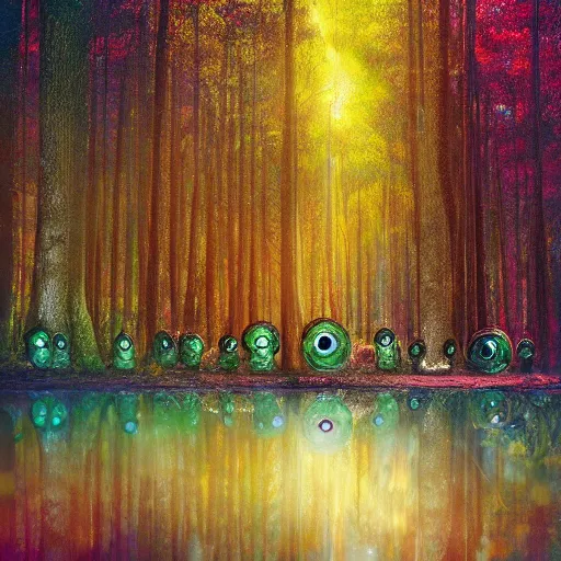 Image similar to bright forest, sparkling three eyed spirits, detailed wide shot, bright colors, ground detailed, wet eyes reflecting into eyes reflecting into infinity, beautiful lighting