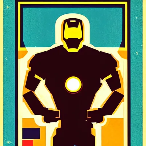 Image similar to retro poster with a painting of a iron man, an art deco painting by tom whalen, trending on behance, art deco, digital illustration, storybook illustration, art deco, flat shading, vector art, airbrush