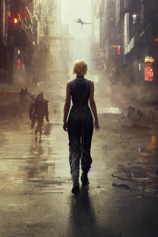 Prompt: a beautiful portrait of Jenifer Lawrence walking down the street of a sci-fi city by Greg Rutkowski, Sung Choi, Mitchell Mohrhauser, Maciej Kuciara, Johnson Ting, Maxim Verehin, Peter Konig, final fantasy , mythical, 8k photorealistic, cinematic lighting, HD, high details, atmospheric,