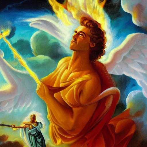 Prompt: abstract action oil painting of divine angelic man with white ancient Canaanite robes holding a flaming sword, paradise in the background, energetic