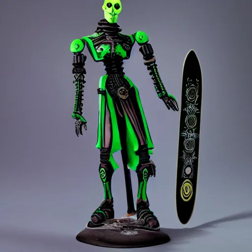 Image similar to a necron named anrakyr posing with a skateboard for a photo