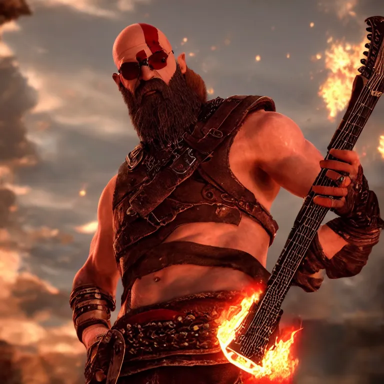 Prompt: sunglasses wearing kratos rocking out on a flaming stratocaster axe, cinematic render, god of war 2 0 1 8, playstation studios official media, lightning, flames, red stripe, red stripe, clear, coherent, guitar